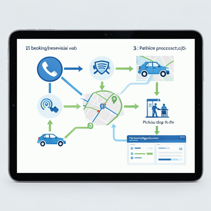Diagram alir digital yang menunjukkan proses pemesanan hingga pengembalian kendaraan secara end-to-end menggunakan sistem teknologi terpadu.