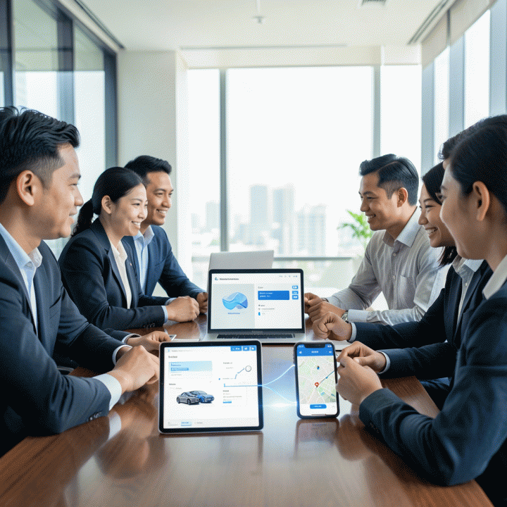 Sebuah pemandangan sinematik di ruang kantor modern yang menampilkan sekelompok profesional Indonesia berdiskusi di sekitar meja kerja dilengkapi perangkat digital, melambangkan digitalisasi dan efisiensi operasional bisnis rental mobil.
