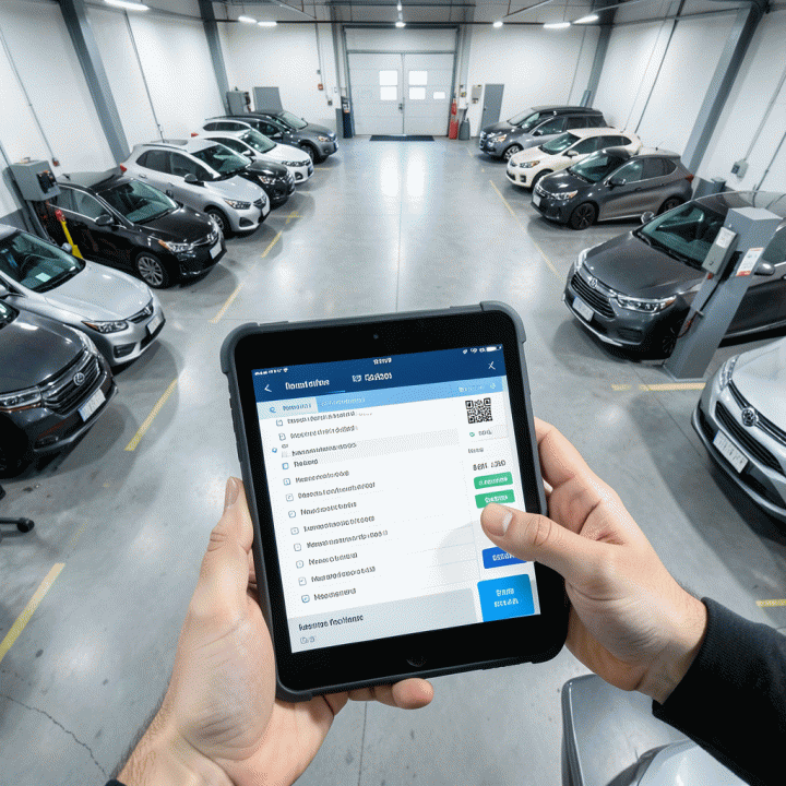 Pandangan overhead di bengkel mobil yang rapi, menunjukkan petugas inspeksi menggunakan tablet untuk memeriksa dan mendigitalkan status inventaris kendaraan secara real-time.