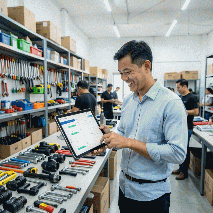 Seorang pemilik bisnis rental Indonesia yang tersenyum melihat dashboard digitalisasi inventaris di tablet, menunjukkan operasi bisnis yang rapi dan otomatis.