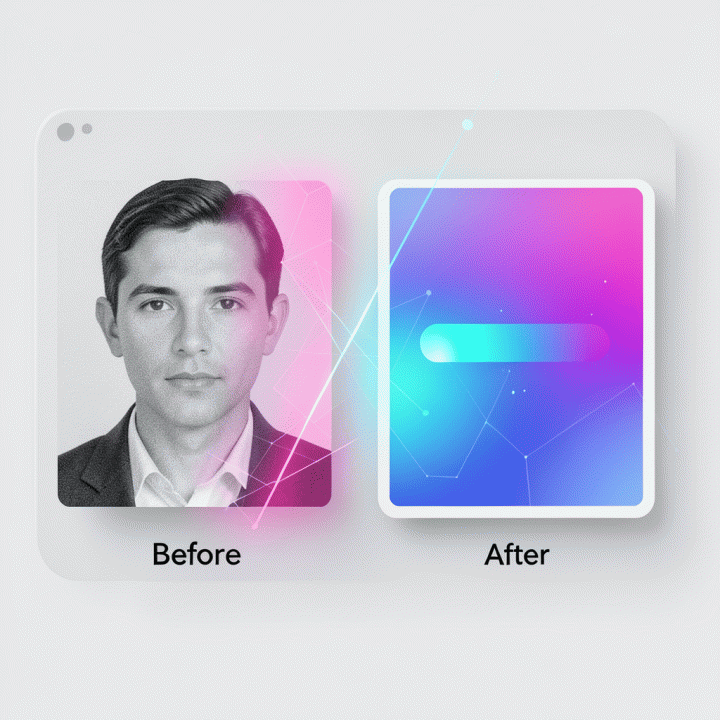 Visualisasi antarmuka pengguna yang menunjukkan foto resolusi rendah (sebelum) berubah menjadi foto HD berkualitas tinggi (sesudah) melalui proses AI upscaling.