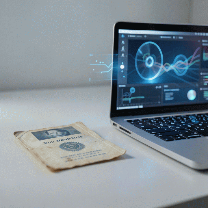 Pas foto fisik lama yang berdebu diletakkan di meja modern, diterangi oleh cahaya futuristik dari laptop yang menunjukkan proses peningkatan kualitas gambar menggunakan AI.