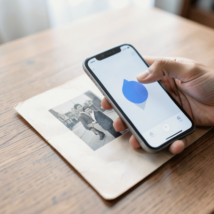 Tangan memotret pas foto fisik lama menggunakan smartphone modern untuk memulai proses digitalisasi.