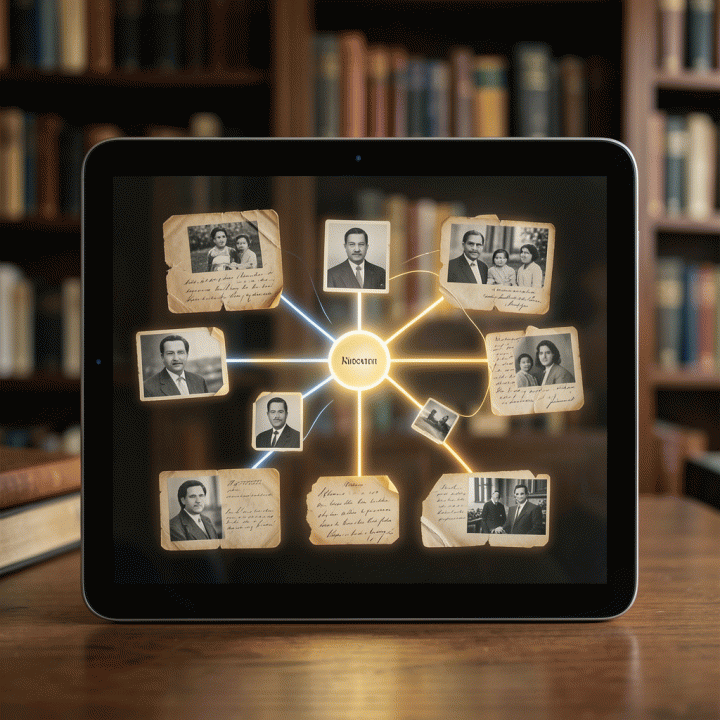 Ilustrasi digitalisasi pohon silsilah keluarga yang menghubungkan foto-foto lama dan dokumen fisik ke dalam tampilan peta digital yang rapi dan terstruktur pada tablet modern.