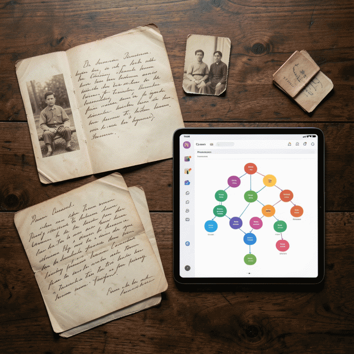 Komposisi flat lay dokumen keluarga fisik (foto lama, surat) berdampingan dengan tablet yang menampilkan tampilan silsilah digital yang rapi.