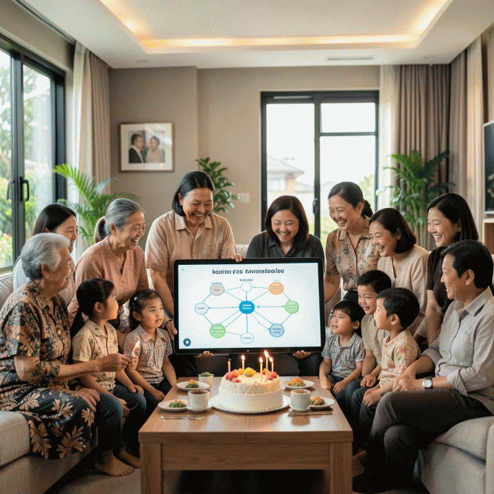 Keluarga besar Indonesia berkumpul dan melihat silsilah mereka yang ditampilkan secara digital, menonjolkan koneksi lintas generasi.