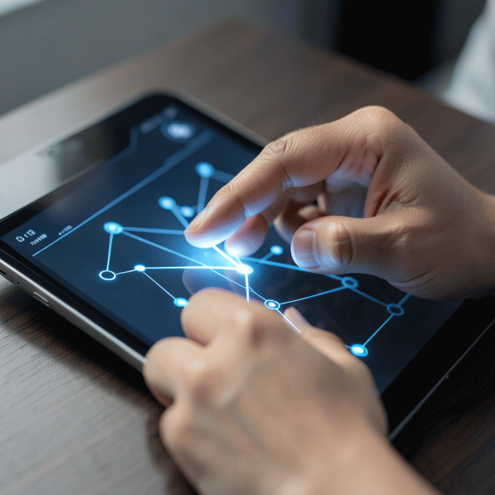 Tangan menyentuh antarmuka digital yang menampilkan visualisasi pohon silsilah keluarga yang terstruktur.