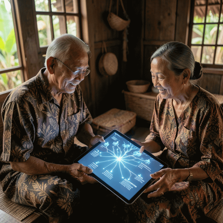 Keluarga Indonesia sedang melihat silsilah keluarga digital yang bercahaya di tablet, melambangkan pelestarian warisan keturunan.