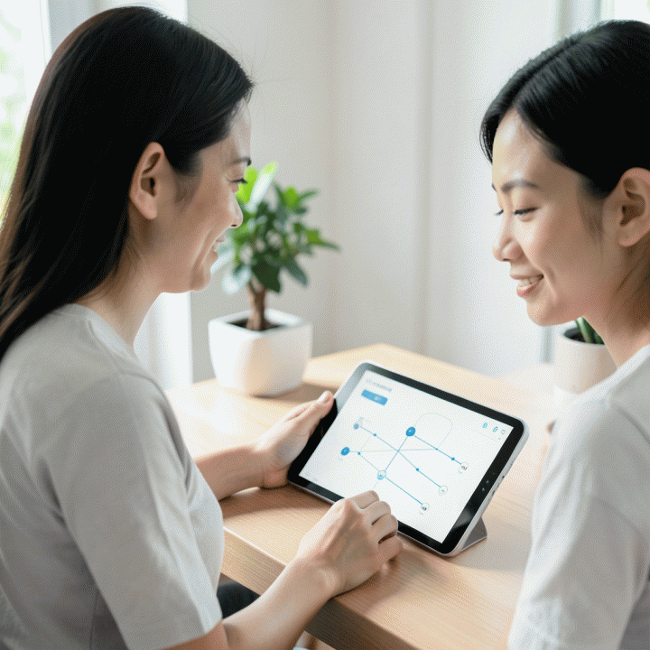 Penggunaan aplikasi digital di meja kerja modern untuk menyusun silsilah keluarga yang rapi.