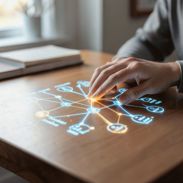 Tangan yang menelusuri diagram silsilah keluarga holografik, melambangkan proses digitalisasi warisan.