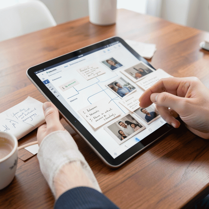 Tangan sedang menginput data silsilah keluarga yang acak ke dalam antarmuka digital yang terstruktur di tablet, menunjukkan proses digitalisasi.