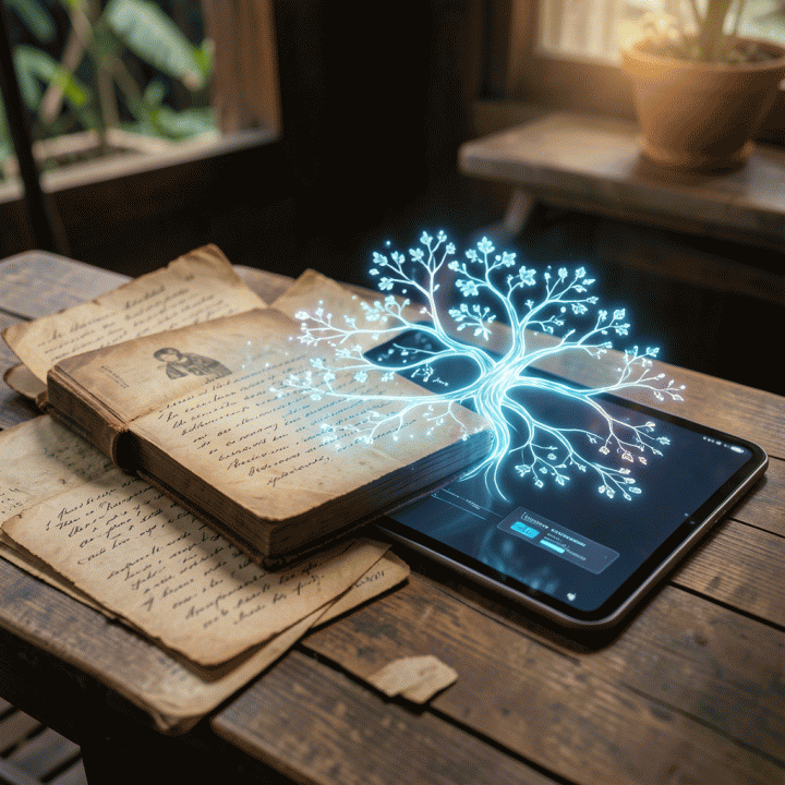 Visualisasi digitalisasi silsilah keluarga: Foto realistis album tua dan dokumen fisik yang berubah menjadi pohon keluarga digital yang bercahaya di layar tablet modern.