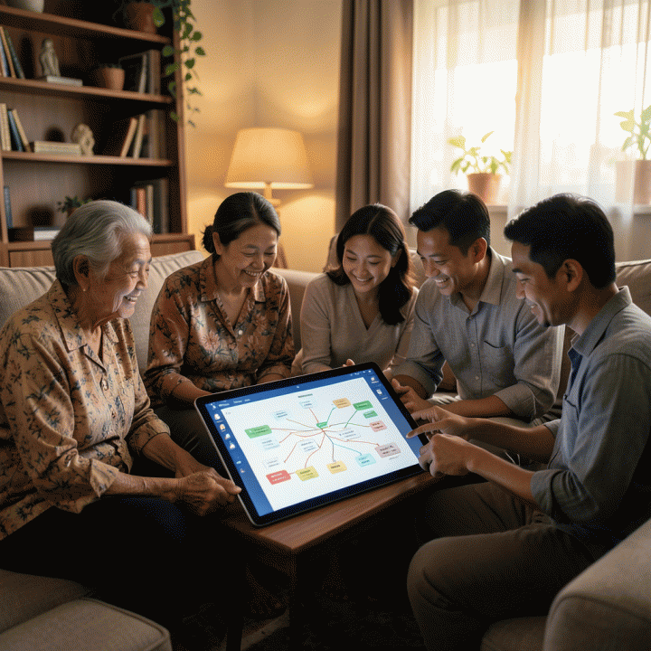 Keluarga lintas generasi Indonesia berkumpul dan melihat pohon silsilah keluarga digital yang terstruktur di tablet, menunjukkan momen kebersamaan dan pelestarian warisan.