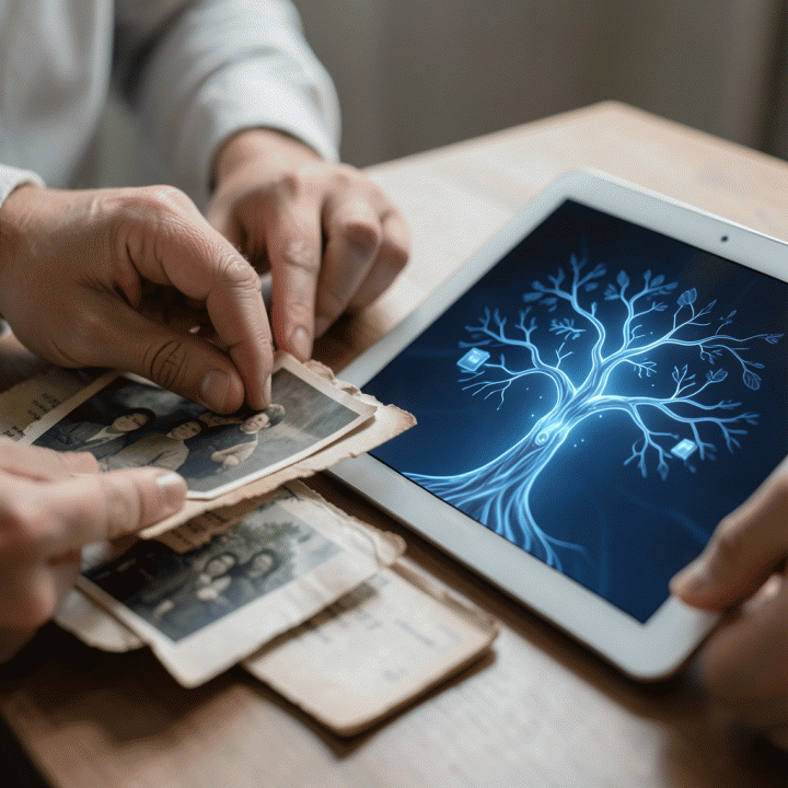 Tangan sedang membandingkan foto keluarga fisik dengan tampilan pohon keluarga digital yang rapi di tablet.