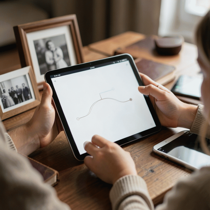 Tangan dewasa dan anak berinteraksi dengan tablet yang menampilkan pohon keluarga digital yang elegan, dikelilingi oleh foto-foto kenangan fisik.