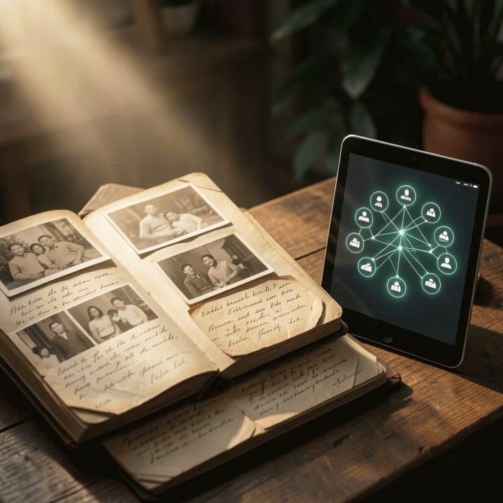 Perbandingan antara album foto keluarga tua yang penuh kenangan fisik dengan tampilan pohon keluarga digital yang modern dan terstruktur pada tablet, melambangkan proses digitalisasi warisan keluarga.