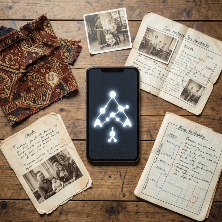 Komposisi flat lay dari berbagai artefak sejarah keluarga fisik (foto, jurnal, batik) yang diatur di atas meja kayu, dengan tablet digital yang menampilkan struktur silsilah keluarga yang rapi di tengahnya.