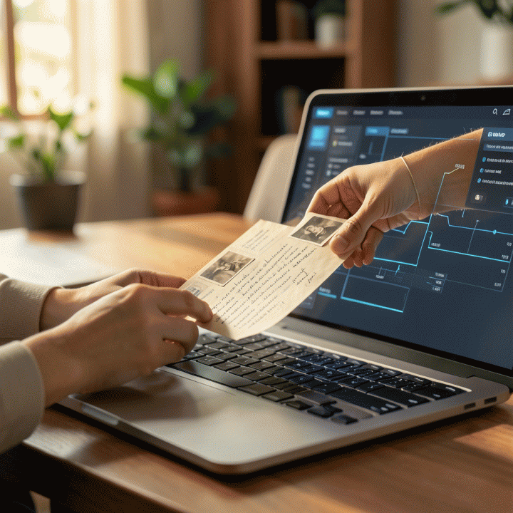 Tangan yang sedang memindai atau memasukkan data fisik (dokumen lama dan foto) ke dalam antarmuka digital di laptop, melambangkan proses digitalisasi data silsilah.