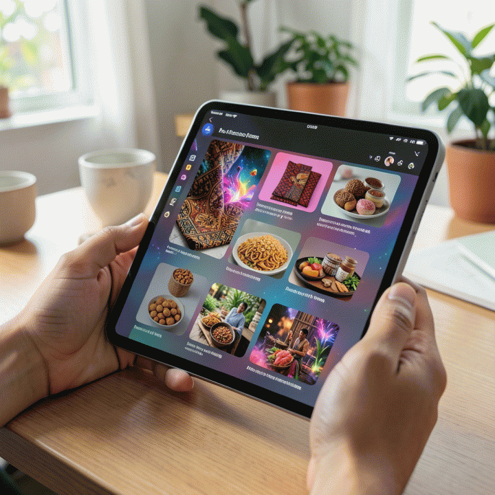 Tangan seseorang sedang berinteraksi dengan tablet yang menampilkan antarmuka AI generator gambar, menghasilkan berbagai mockup produk lokal dan ide konten pemasaran visual.