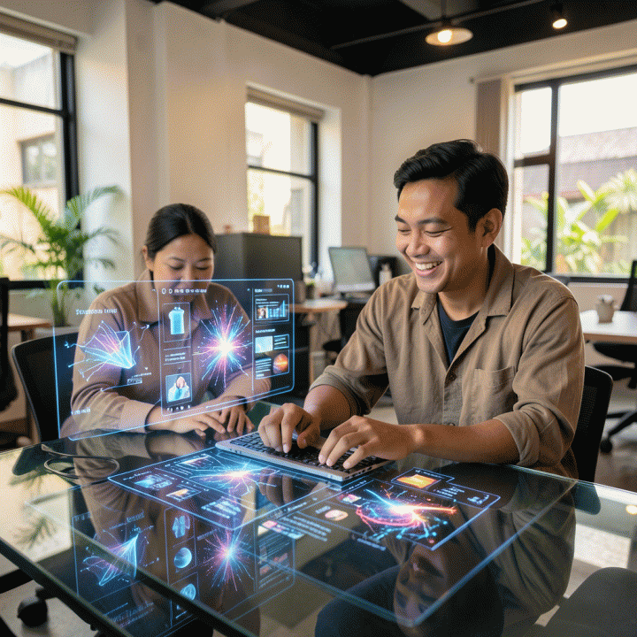 Seorang pemilik UMKM di co-working space modern Indonesia sedang menggunakan teknologi AI canggih yang memproyeksikan visualisasi konten pemasaran yang mudah dan menarik, menunjukkan kemudahan pembuatan konten digital.