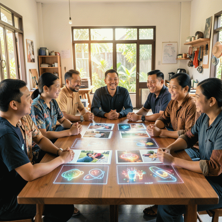 Kelompok pemilik usaha kecil yang antusias belajar dan berkolaborasi menggunakan teknologi AI untuk menghasilkan berbagai ide dan variasi konten pemasaran visual.