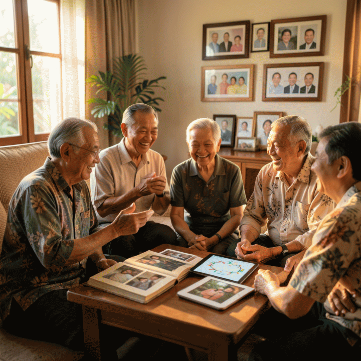 Potret sinematik keluarga Indonesia multi-generasi yang berkumpul dengan hangat, di latar belakang terdapat elemen-elemen dokumentasi sejarah keluarga seperti album foto dan grafik silsilah digital.