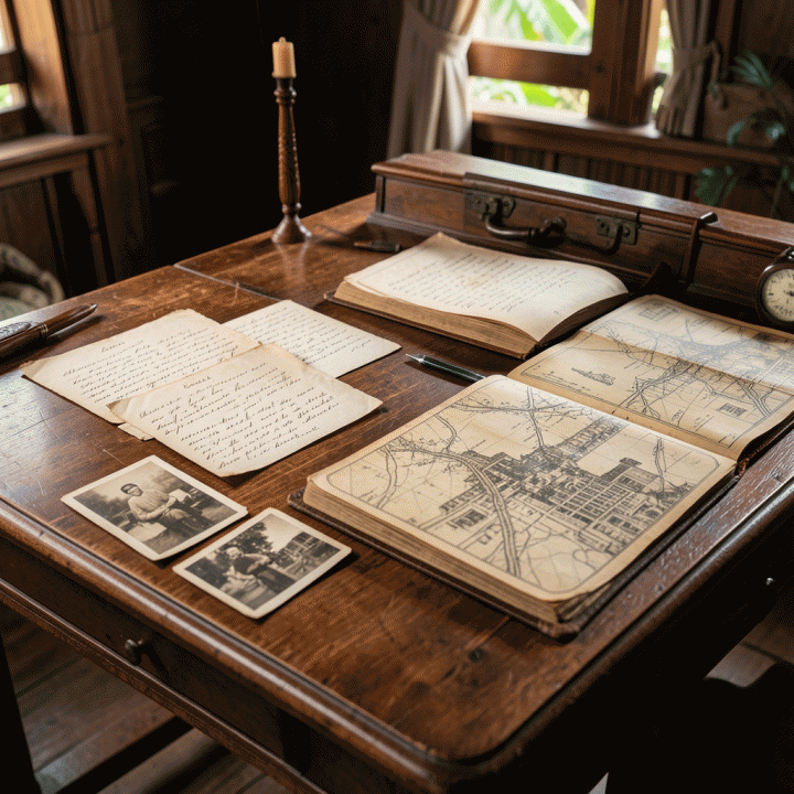 Meja kerja bersejarah dengan artefak dokumentasi silsilah keluarga seperti surat tua dan foto sepia.
