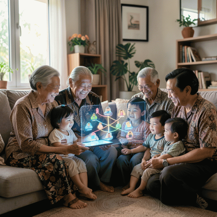 Foto sinematik keluarga multi-generasi Indonesia yang berkumpul hangat, melihat diagram silsilah keluarga digital yang bercahaya di tablet, menunjukkan koneksi dan warisan bersama.