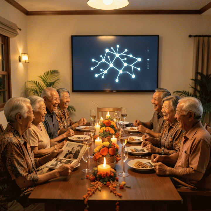 Keluarga besar Indonesia multigenerasi berkumpul di meja makan panjang dalam perayaan reuni, dengan album foto lama dan layar digital abstrak menampilkan ikon pohon keluarga bercahaya.