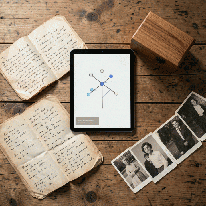 Komposisi flat lay yang menampilkan tablet digital silsilah keluarga di samping jurnal dan foto-foto lama, menggambarkan proses dokumentasi warisan.