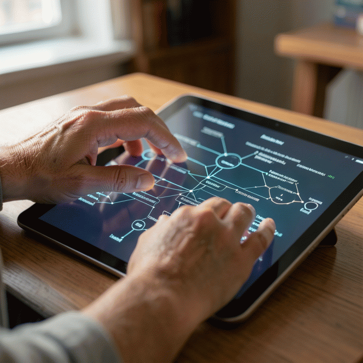 Tangan yang berinteraksi dengan diagram silsilah keluarga digital yang terstruktur di tablet, menunjukkan proses riset dan dokumentasi warisan.