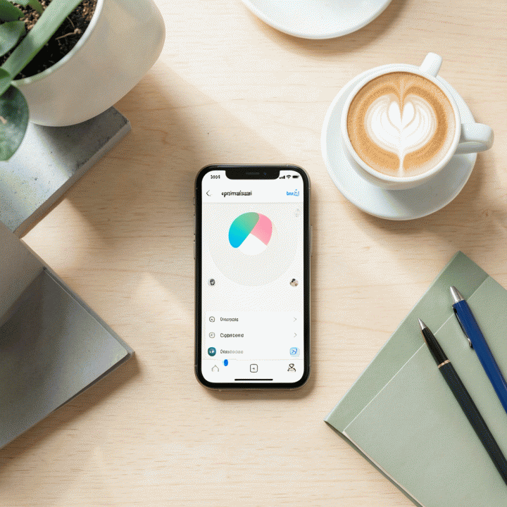 Meja kerja minimalis dengan smartphone menampilkan opsi editing foto dan tips caption, menekankan optimalisasi konten digital.