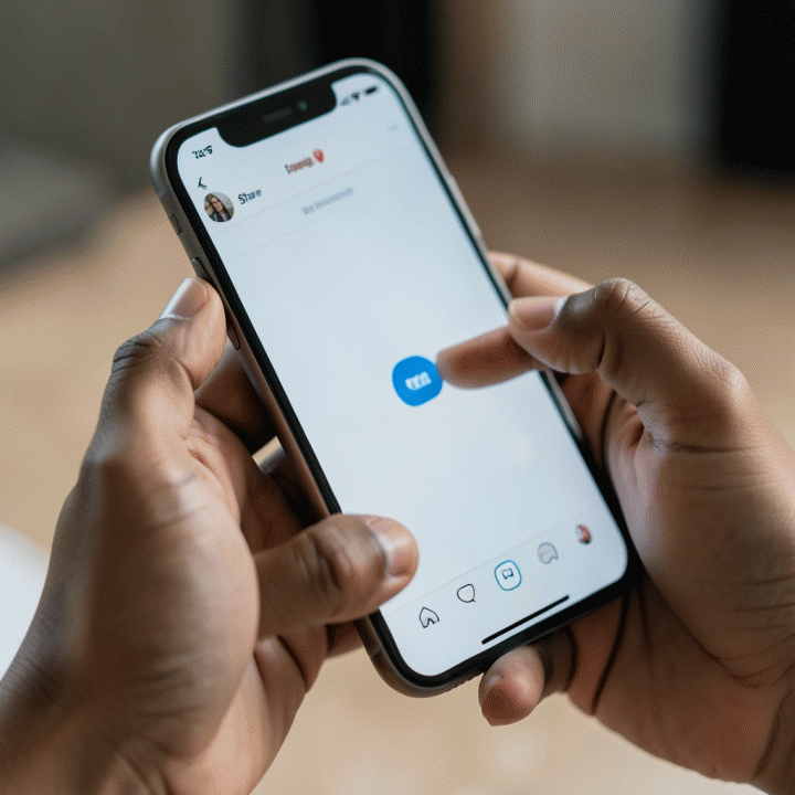 Tangan pengguna berinteraksi dengan ponsel untuk menggunakan fitur berbagi resmi di Instagram, menunjukkan cara yang aman dan sah.