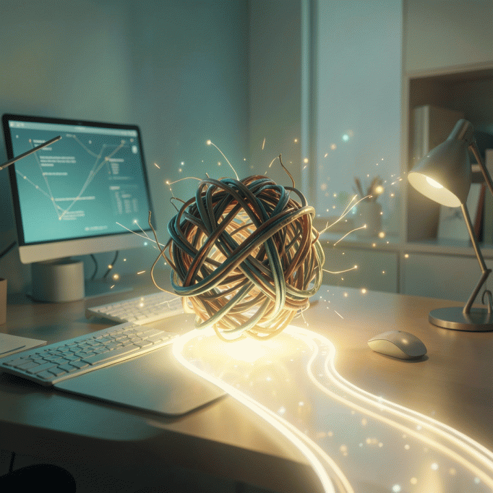 Ilustrasi konseptual yang menggambarkan proses menghilangkan kelelahan mental guru (burnout) melalui dukungan teknologi AI yang memberikan kejelasan dan energi baru.