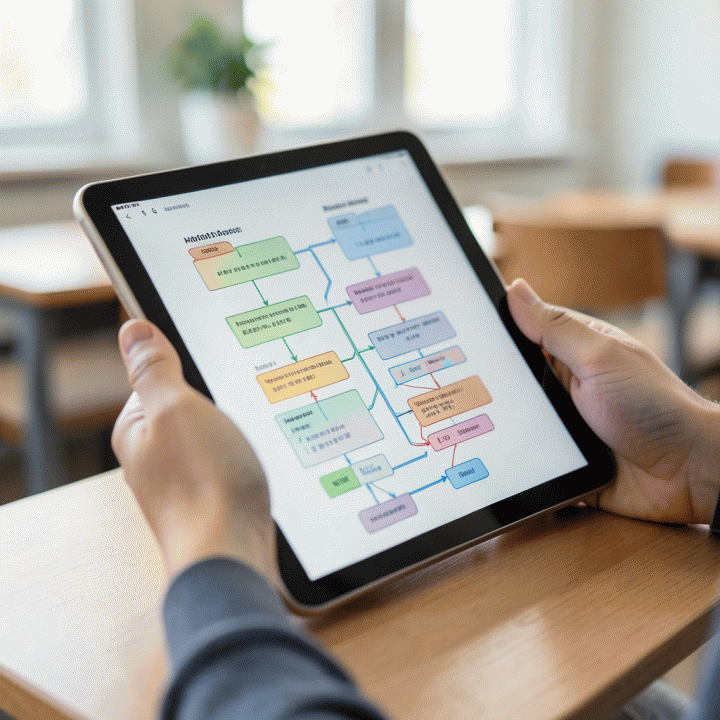 Tangan guru berinteraksi dengan tablet yang menampilkan modul materi ajar yang tersusun rapi dan otomatis dihasilkan oleh AI.