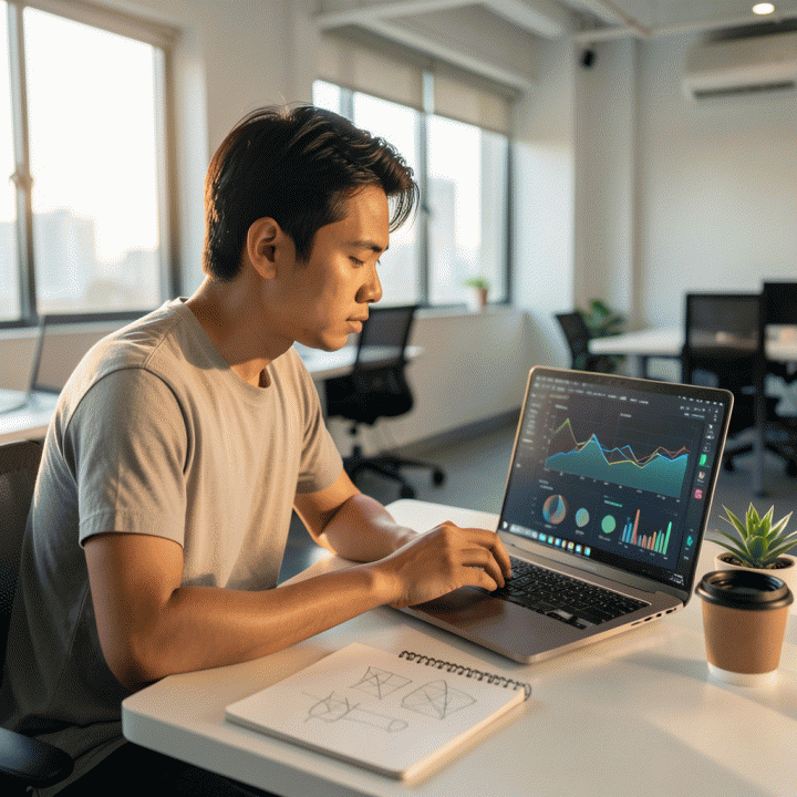 Seseorang yang sedang menganalisis data kompleks di laptopnya untuk merumuskan strategi penetapan harga dinamis.