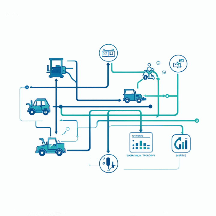 Abstract flow visualization of operational efficiency and real-time inventory tracking in a rental business.