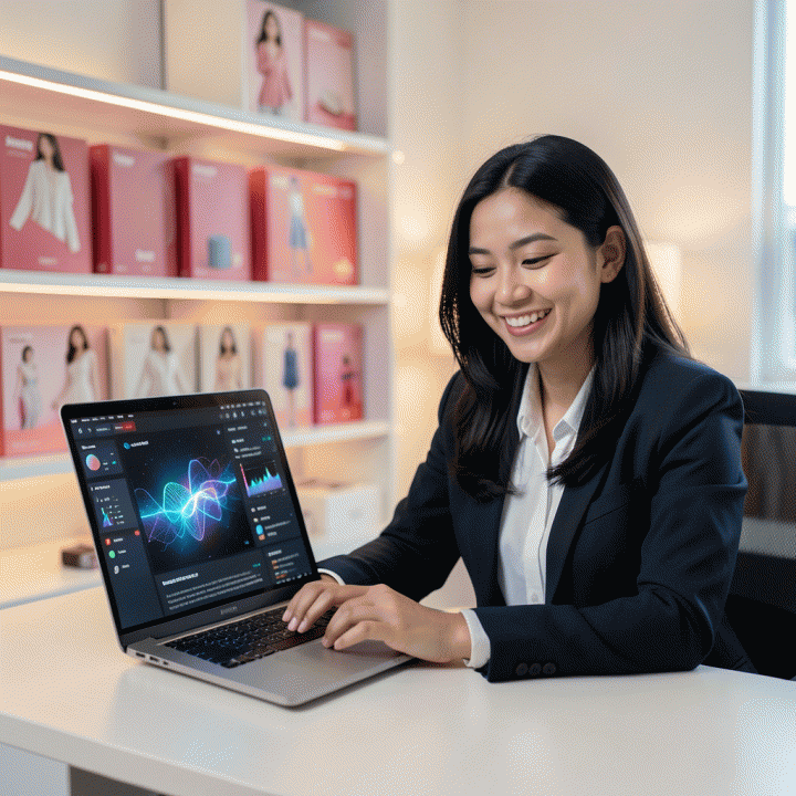 Seorang wanita muda profesional Indonesia menggunakan laptop di meja kerja modern, menampilkan visualisasi data dan fitur AI untuk optimasi listing produk e-commerce Shopee.