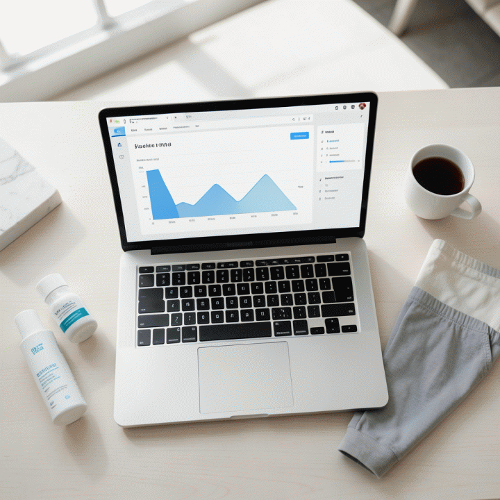 Tampilan atas meja kerja yang rapi dengan laptop menampilkan dashboard bisnis, dikelilingi produk fisik, menunjukkan manajemen toko online yang efisien.