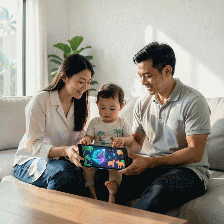 Orang tua Indonesia dan anak kecil berinteraksi dengan materi pembelajaran digital yang aman dan modern di ruang keluarga yang cerah, melambangkan integrasi teknologi pendidikan yang harmonis.