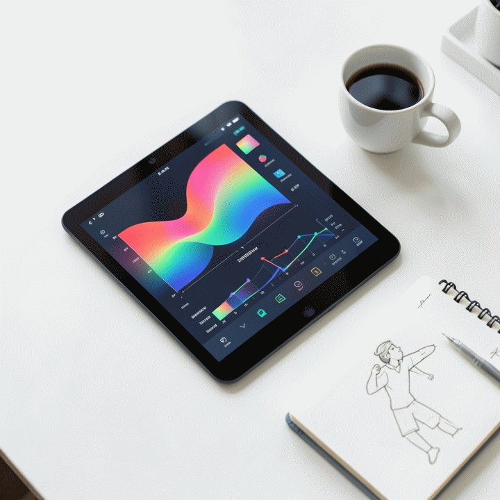 Tampilan meja kerja modern dengan tablet AI yang menampilkan antarmuka pembelajaran yang bersih, melambangkan efisiensi dalam persiapan materi ajar.