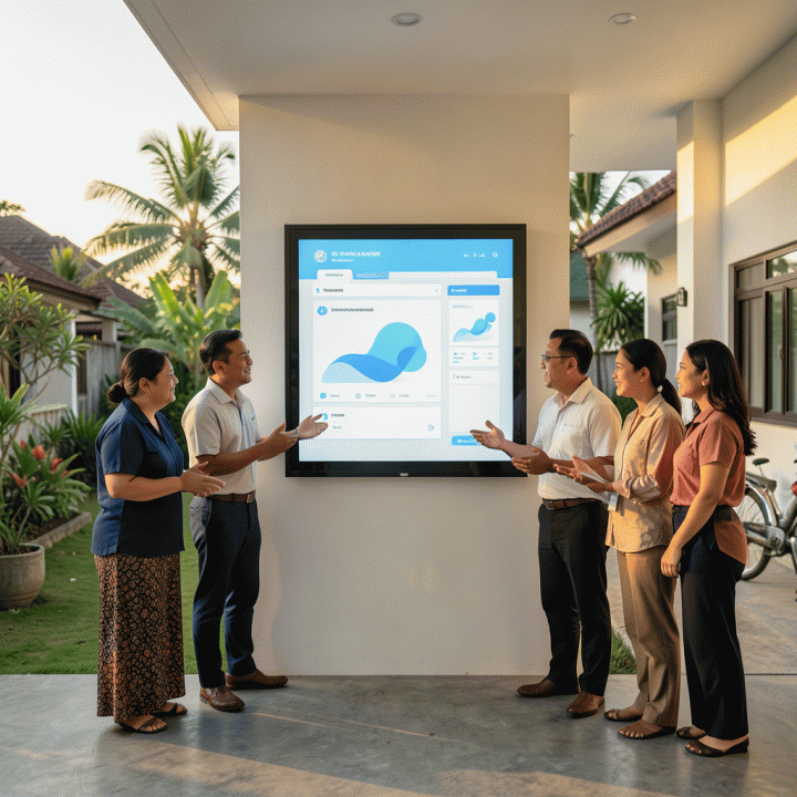 Komunitas perumahan modern Indonesia yang interaktif, menunjukkan warga yang berinteraksi dengan sistem pengumuman digital terpusat yang elegan dan futuristik.