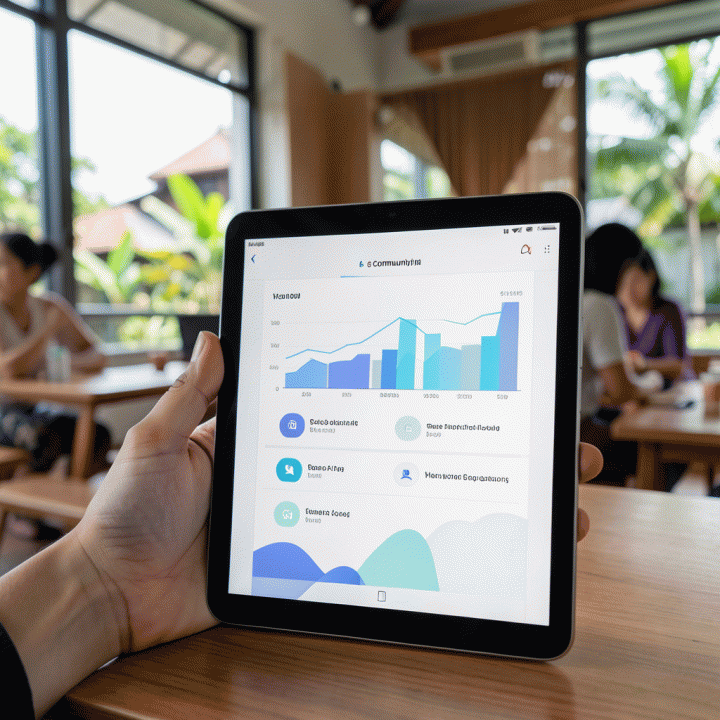 Tampilan antarmuka digital yang bersih dan intuitif, menunjukkan visualisasi data administrasi dan pengumuman komunitas.