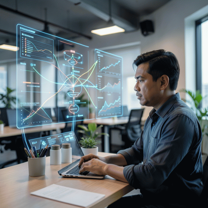 Seorang pemasar afiliasi profesional di ruang kerja modern, berinteraksi dengan tampilan holografik futuristik yang menunjukkan efisiensi alur kerja pemasaran digital yang kompleks dan terintegrasi.