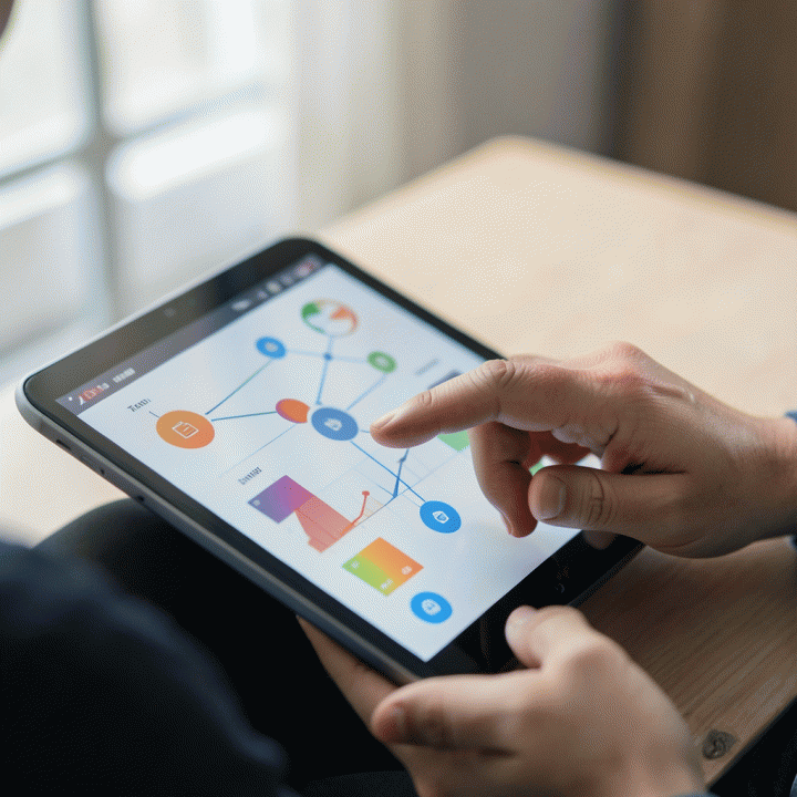 Tangan yang berinteraksi dengan antarmuka tablet AI yang menampilkan materi ajar yang dihasilkan secara instan dan efisien.