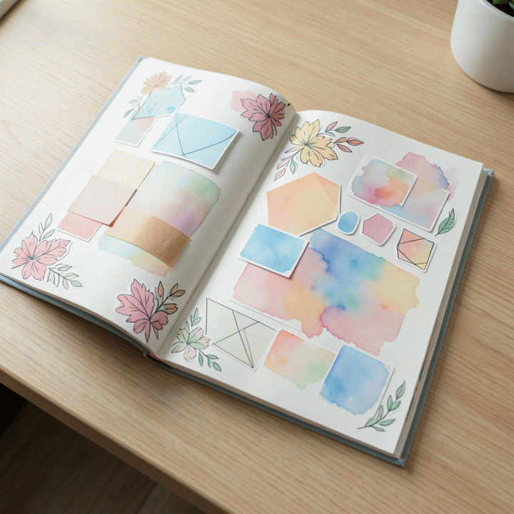 Visualisasi jurnal digital yang estetik dengan elemen stiker dan dekorasi tangan yang berwarna-warni dan terorganisir.