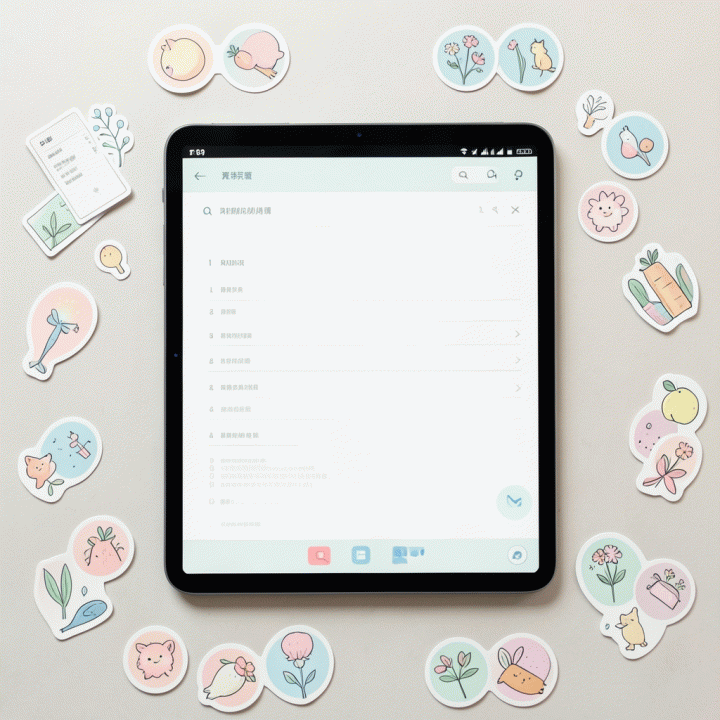 Flat lay of a digital journal page decorated with premium digital stickers for creative organization.