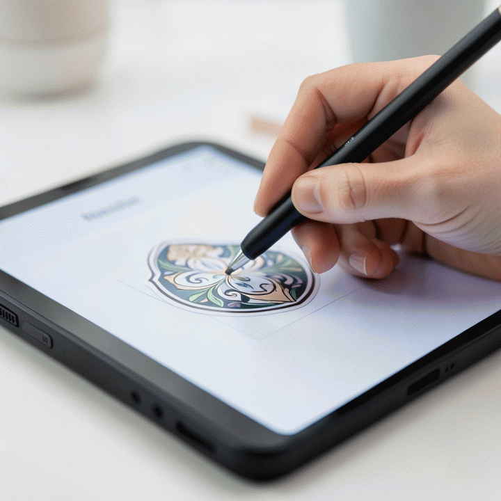 Hand placing a digital sticker on a digital journal interface.