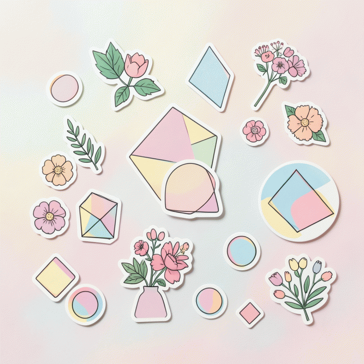 Flat lay of digital sticker elements for Instagram and feed design, showcasing decorative and abstract patterns.