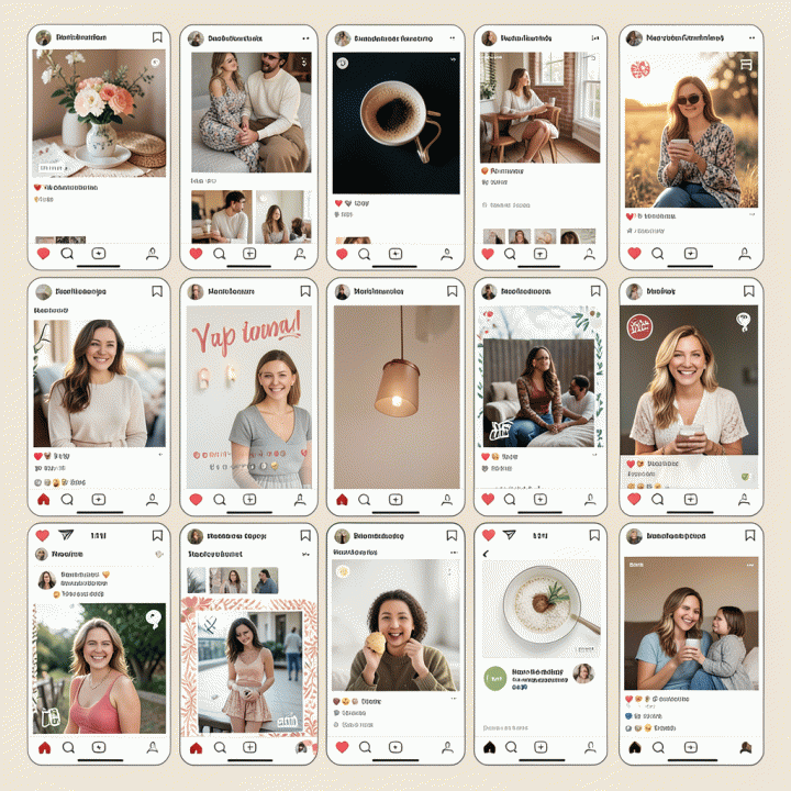 Cohesive Instagram feed aesthetic enhanced with custom digital sticker elements.